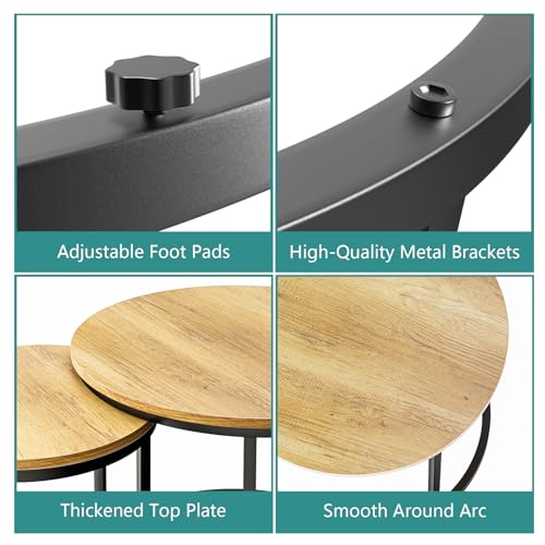 Color Brown Nesting Coffee Table Set of 2, 23.6 Round Coffee Table Brown Wood with Adjustable Non-Slip Feet, Industrial End Table Side Tables for Living Room Bedroom Balcony Yard